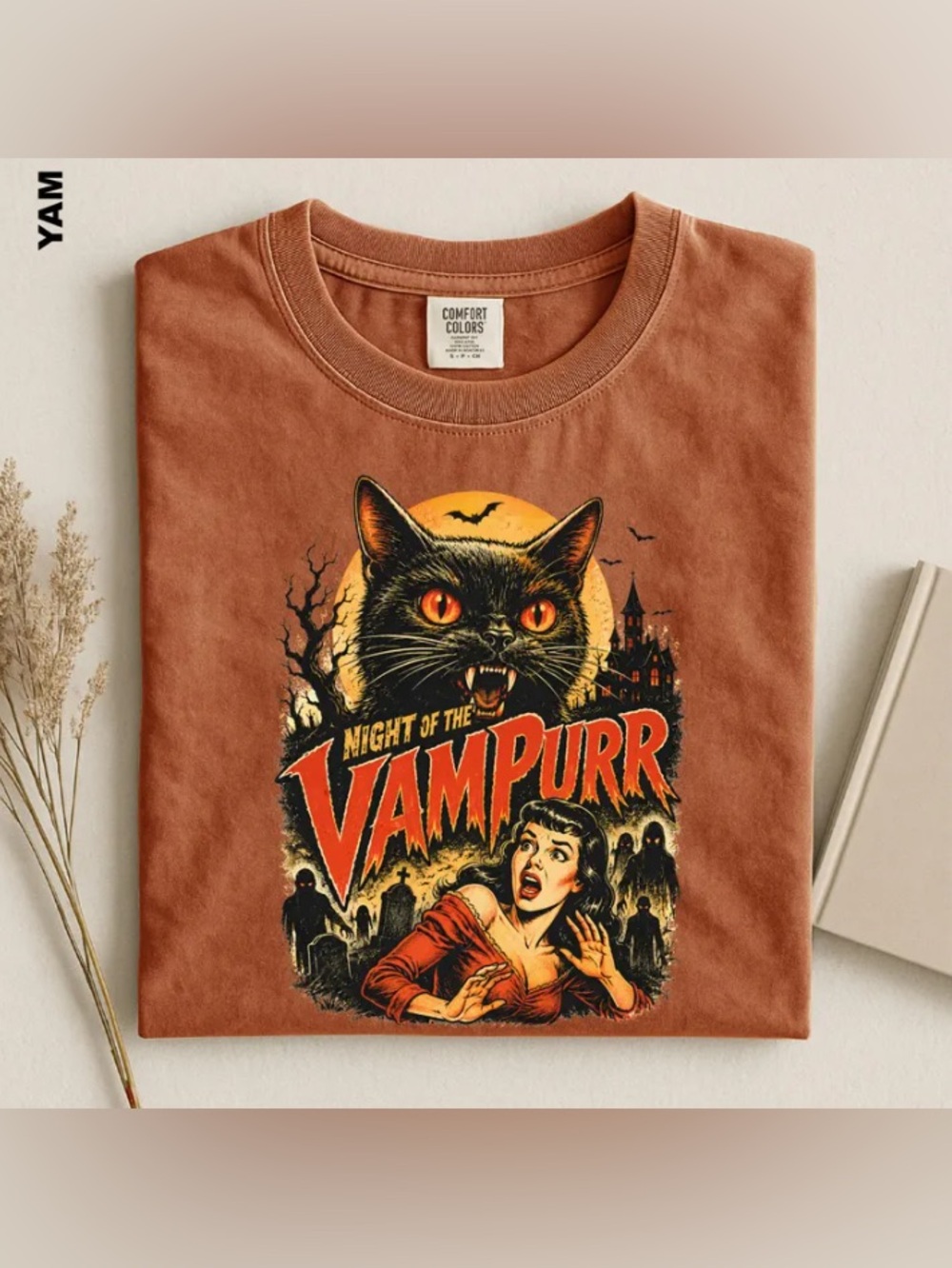 Vampurr Retro Horror Cat Comfort Color Tee, Spooky Unisex Return Of Vampurr Tee